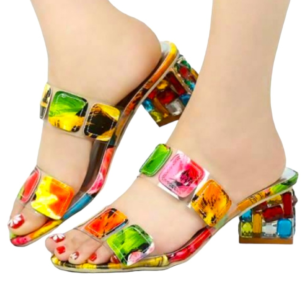 Cute Shoes By Fashion with Bright Colors and Gem slanted Heels Size 9